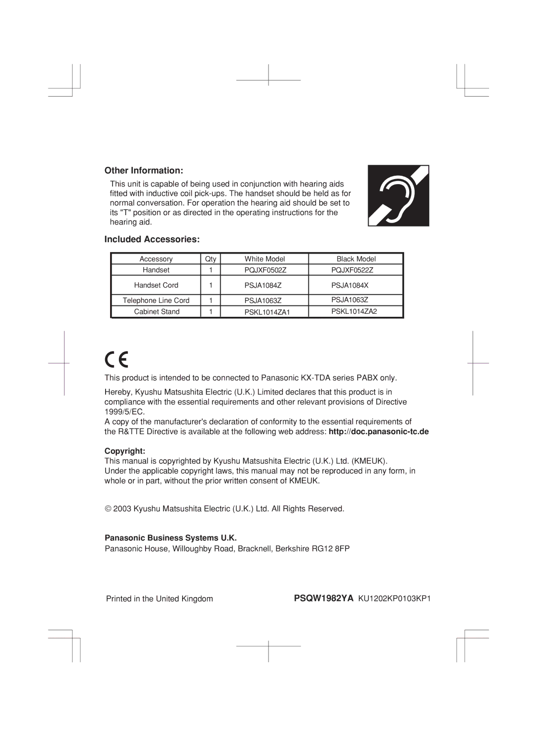 Panasonic KX-T7625E, KX-T7633E, KX-T7636E, KX-T7630E manual Copyright, Panasonic Business Systems U.K 