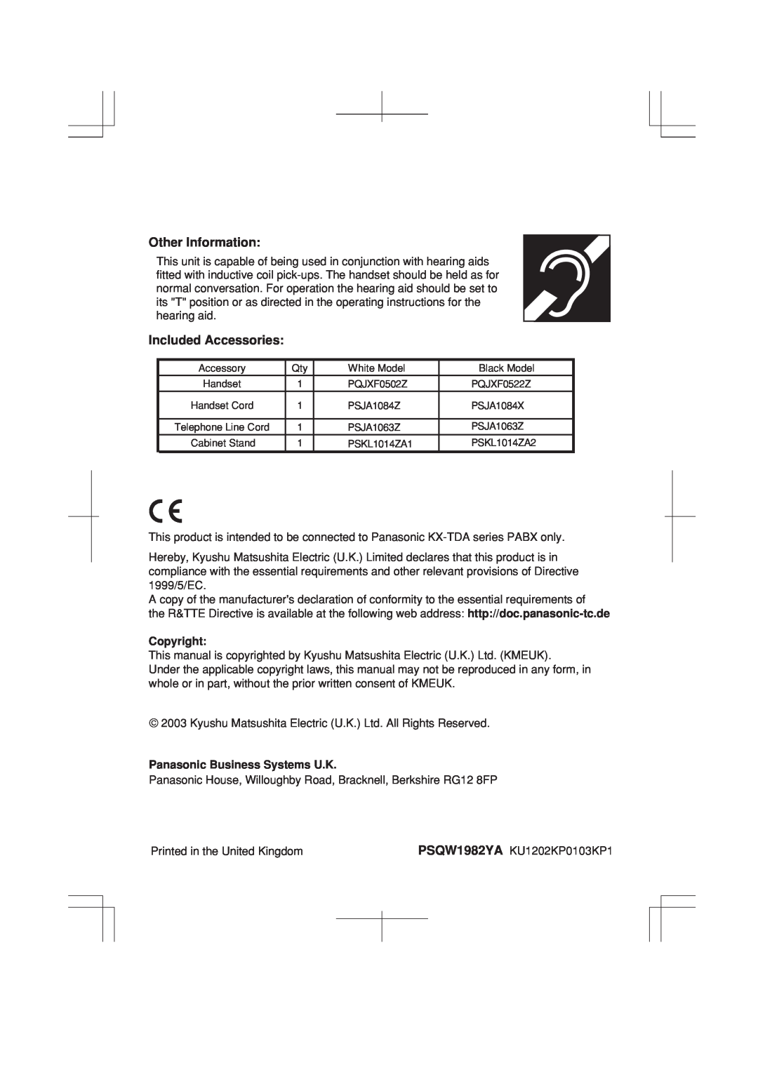 Panasonic KX-T7625E, KX-T7633E manual Other Information, Included Accessories, Copyright, Panasonic Business Systems U.K 