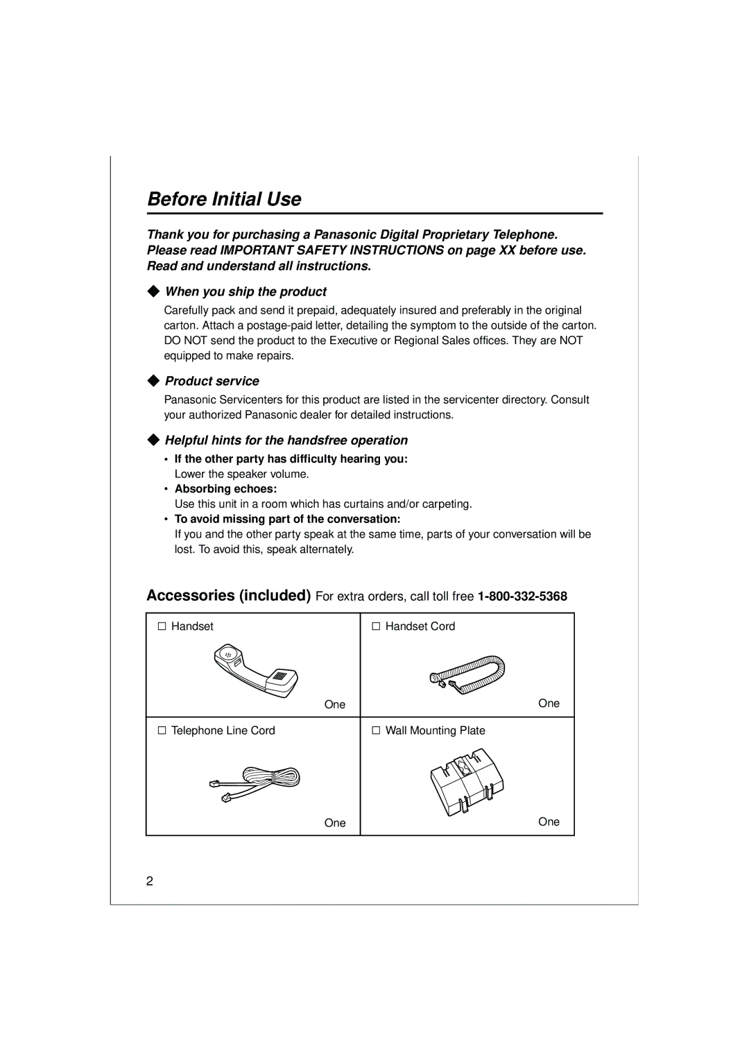 Panasonic KX-T7633, KX-T7636, KX-T7625 Before Initial Use, Product service, Helpful hints for the handsfree operation 