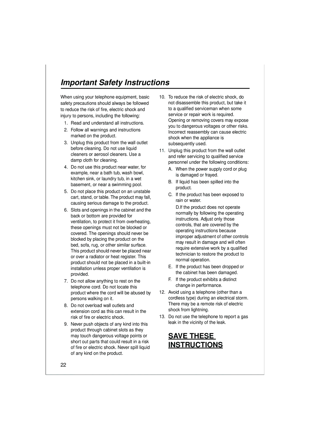 Panasonic KX-T7633, KX-T7636, KX-T7625, KX-T7630 operating instructions Important Safety Instructions 