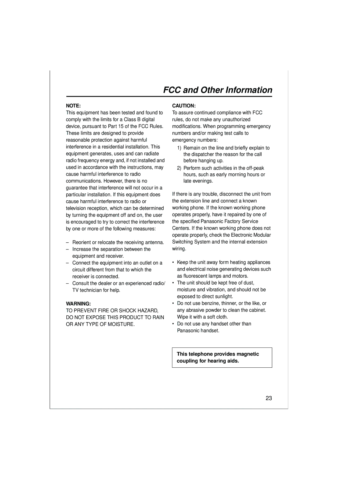 Panasonic KX-T7630, KX-T7636 FCC and Other Information, This telephone provides magnetic coupling for hearing aids 