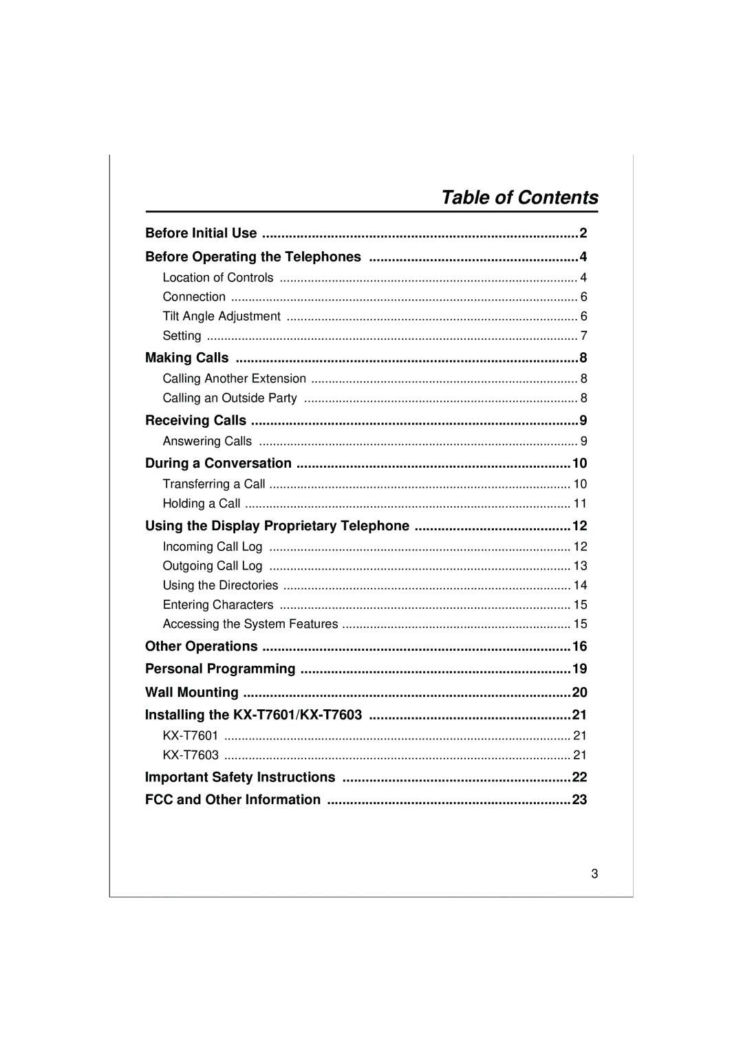 Panasonic KX-T7630, KX-T7636, KX-T7625, KX-T7633 operating instructions Table of Contents 