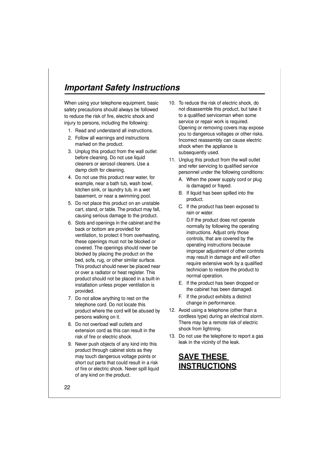 Panasonic KX-T7633, KX-T7636, KX-T7625, KX-T7630 operating instructions Important Safety Instructions, Save These Instructions 