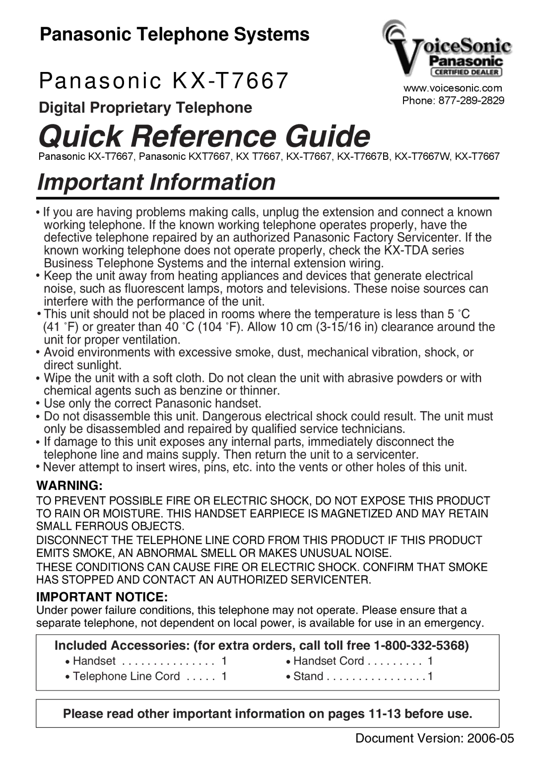 Panasonic KX-T7667 manual Quick Reference Guide, Important Information 