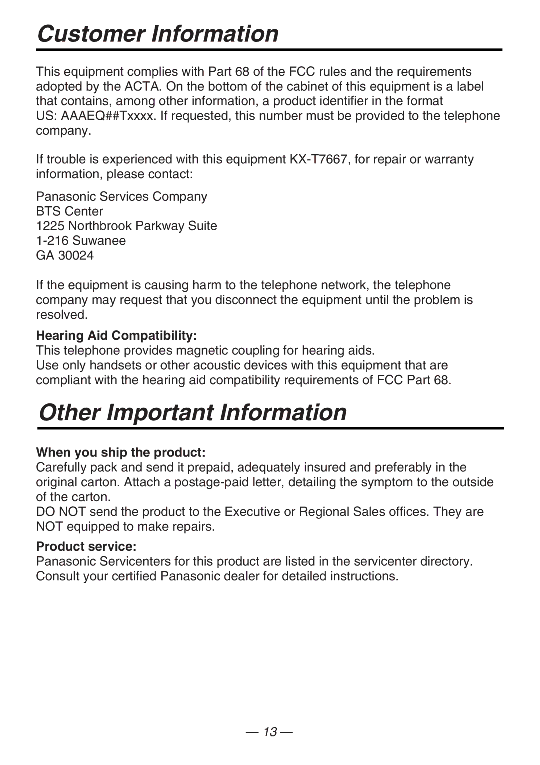 Panasonic KX-T7667 manual Customer Information, Other Important Information 