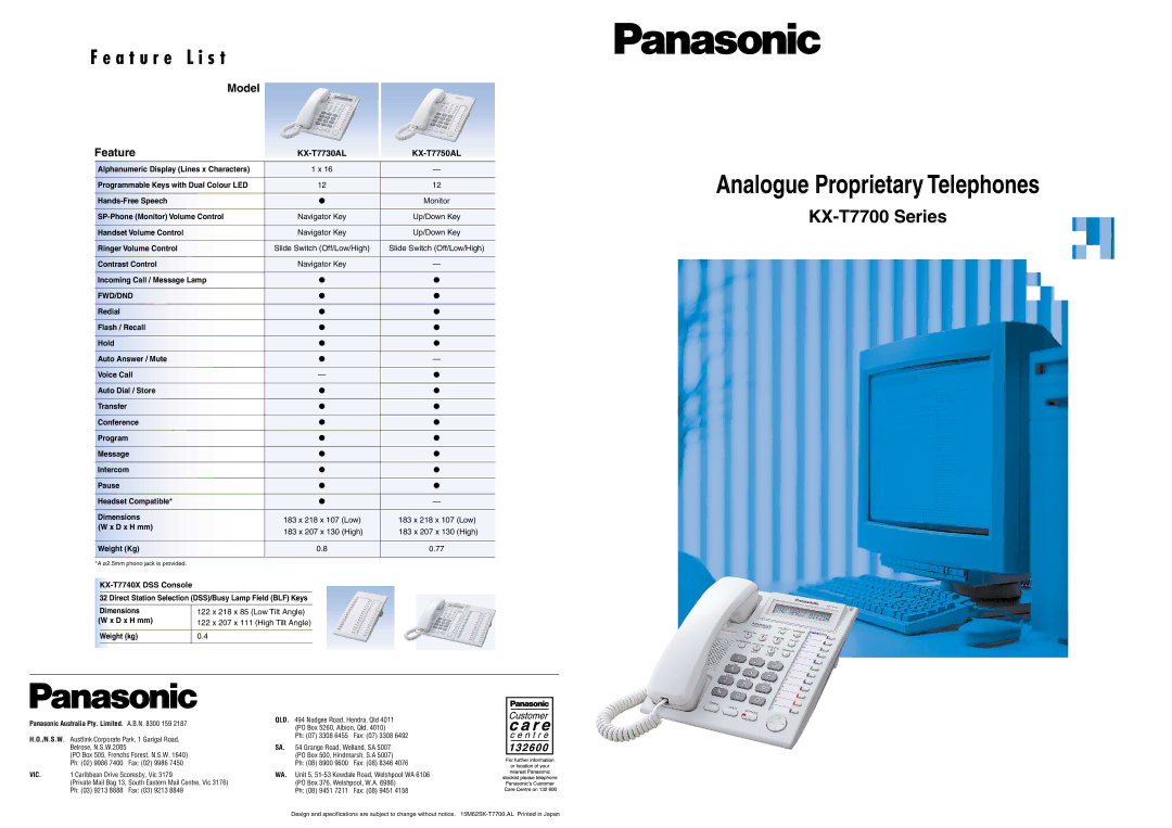 Panasonic KX-T7700 dimensions Analogue Proprietary Telephones 