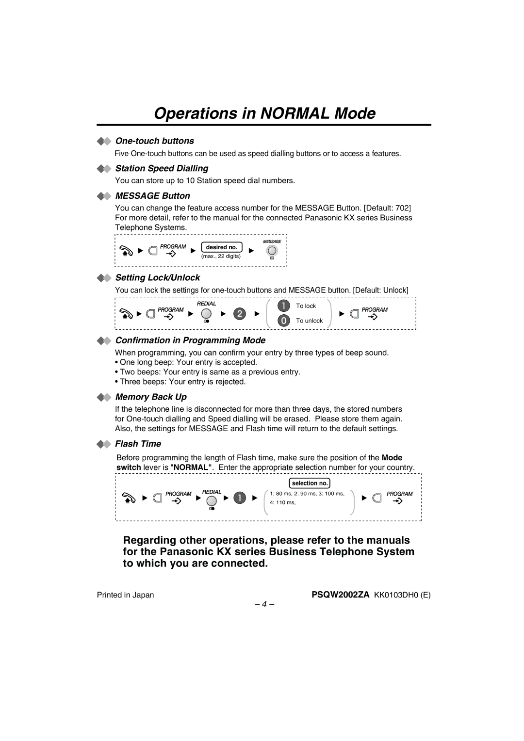 Panasonic KX-T7710 manual Operations in Normal Mode, Message Button 