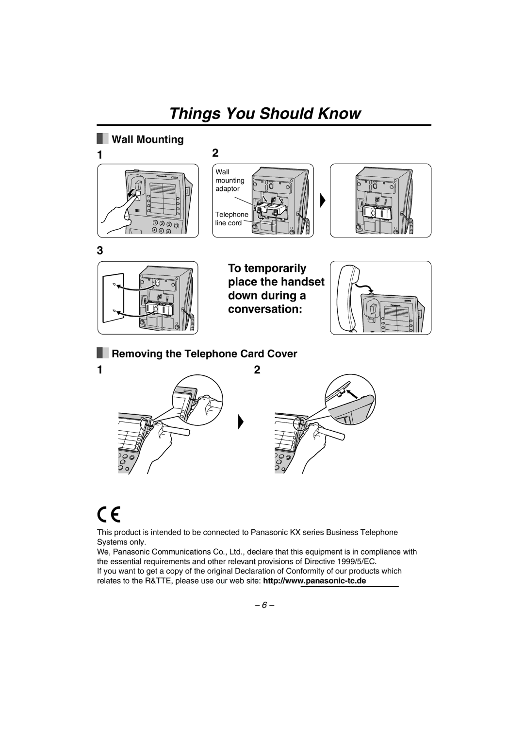 Panasonic KX-T7710 manual Things You Should Know, Wall Mounting, Removing the Telephone Card Cover 