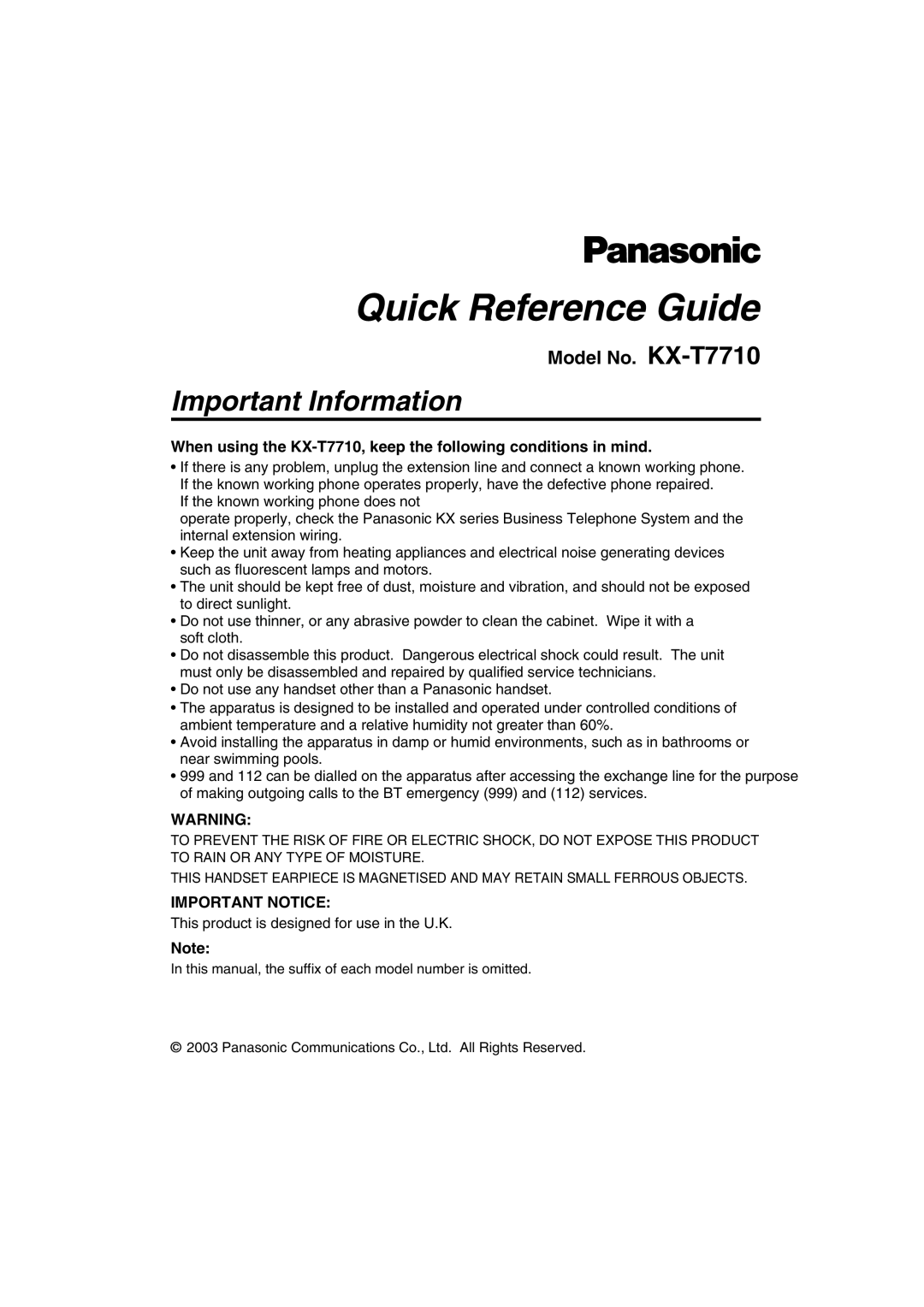 Panasonic manual Important Information, Model No. KX-T7710, Quick Reference Guide, Important Notice 