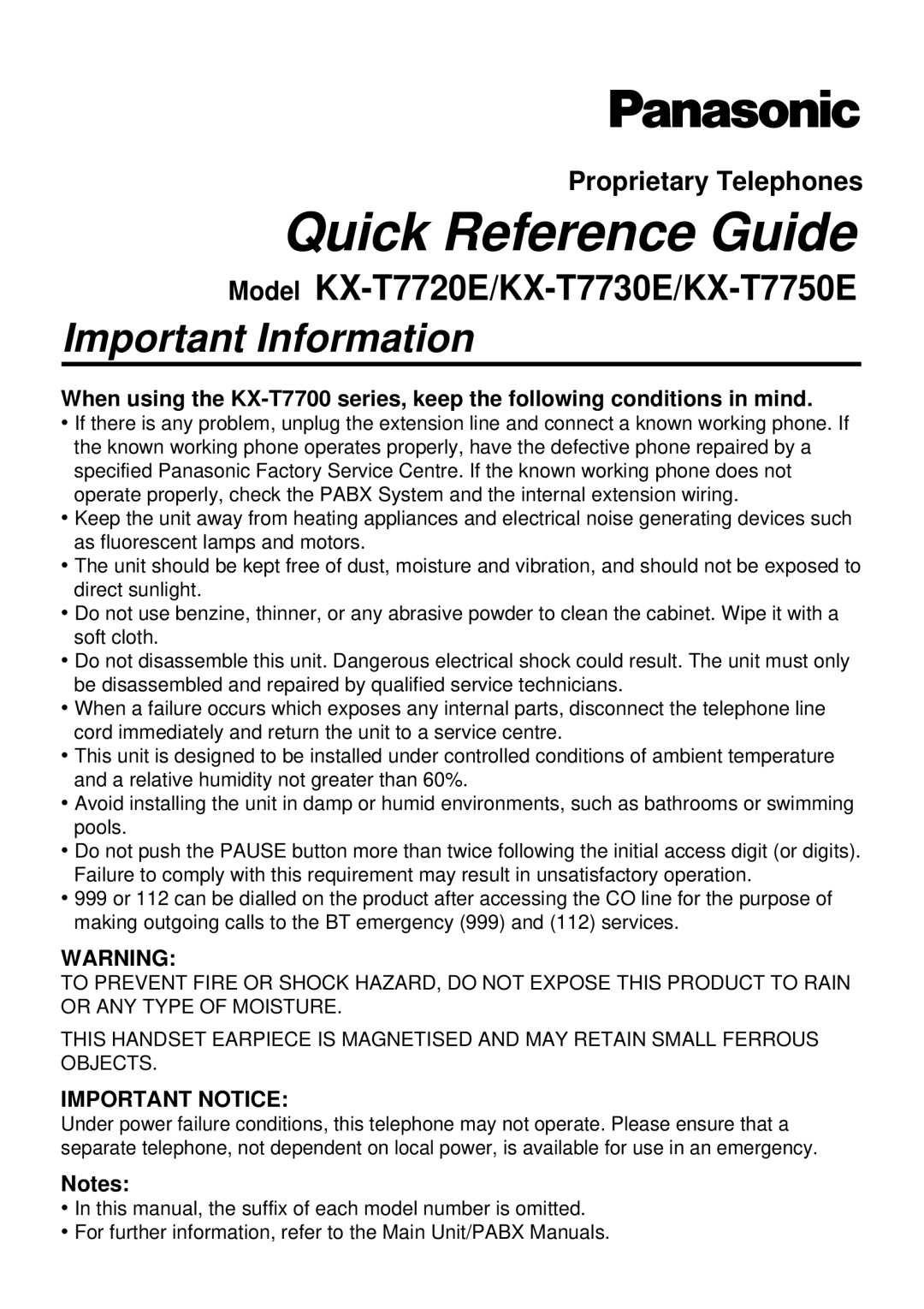 Panasonic KX-T7720E manual Quick Reference Guide, Important Information 