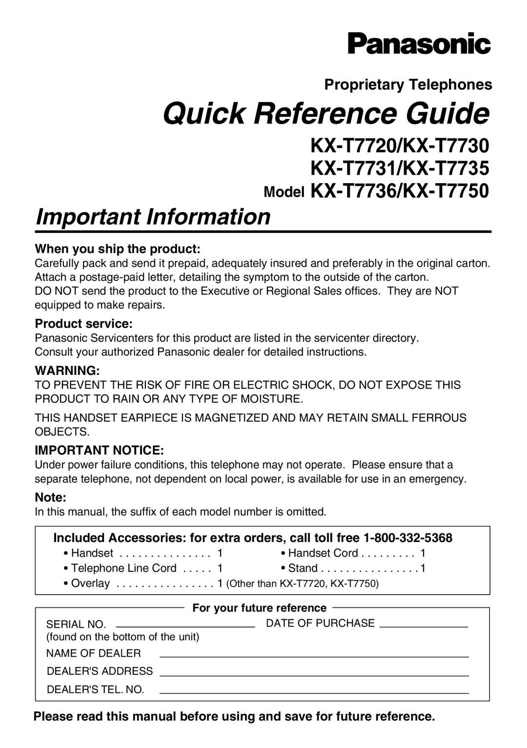 Panasonic KX-T7736, KX-T7750, KX-T7731, KX-T7735, KX-T7720, KX-T7730 manual Important Information, For your future reference 