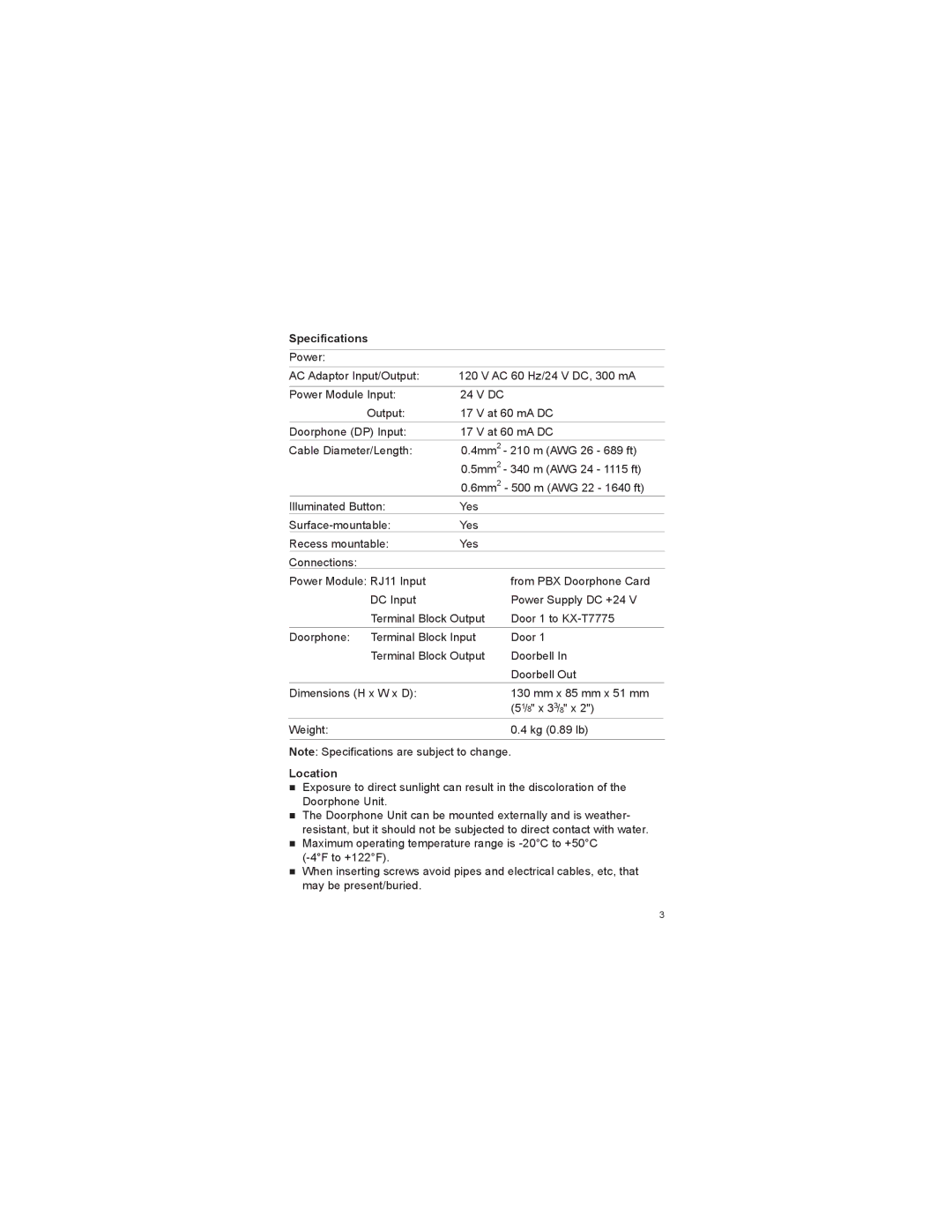 Panasonic KX-T7775 operating instructions Specifications, Location 