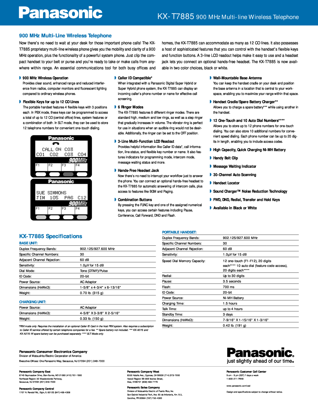 Panasonic KX-T7885 900 MHz Multi-line Wireless Telephone, KX-T7885 Specifications, MHz Multi-Line Wireless Telephone 