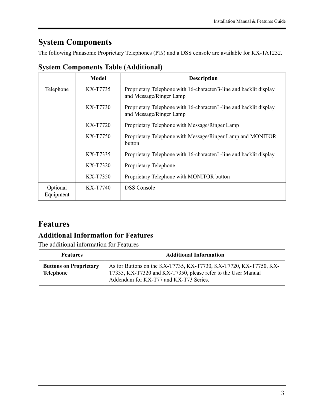 Panasonic KX-TA1232 installation manual System Components Table Additional, Additional Information for Features 