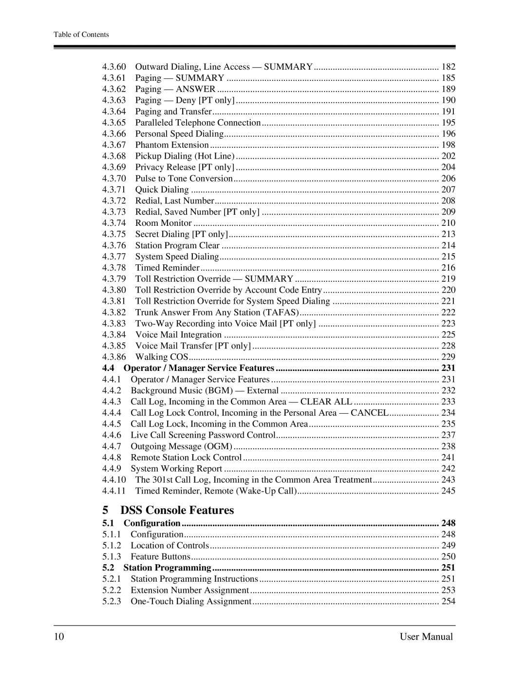 Panasonic KX-TA1232 user manual Operator / Manager Service Features 231, 248, 251 