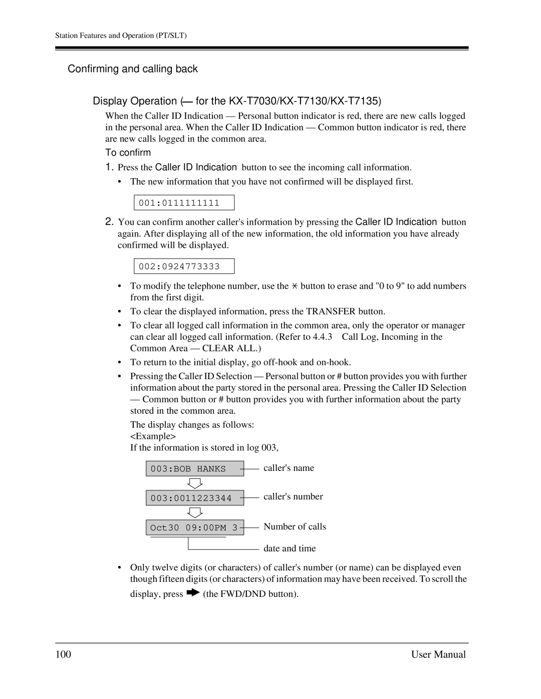 Panasonic KX-TA1232 user manual 100, To confirm, 0010111111111, 0020924773333, 0030011223344 Oct30 0900PM 3 Number of calls 