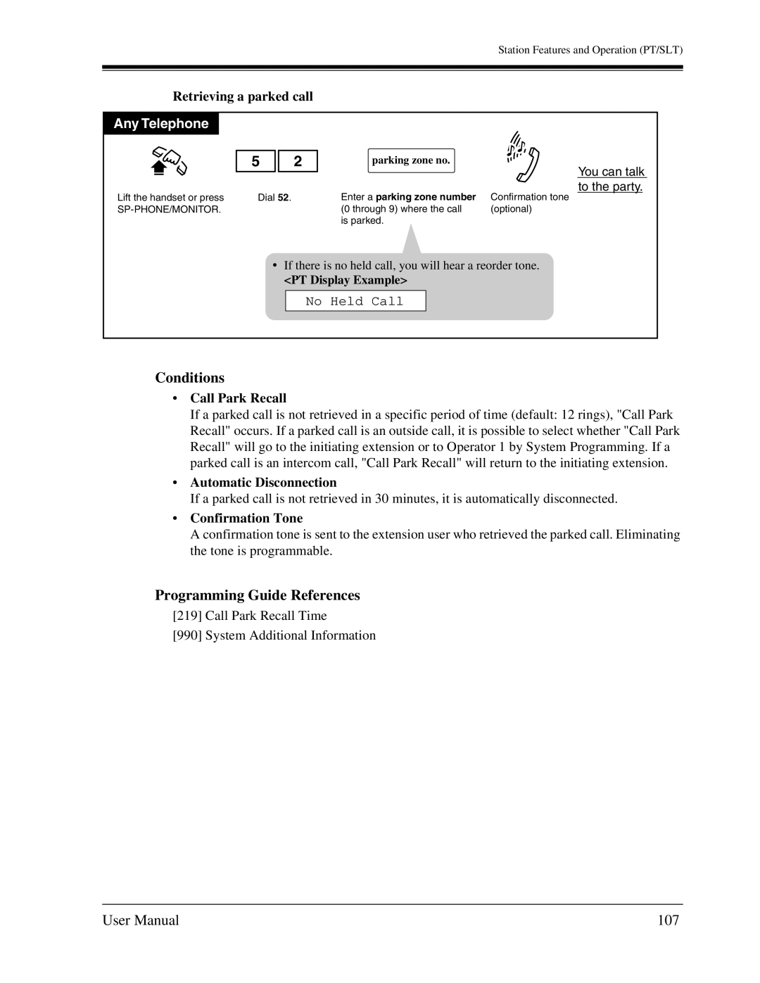 Panasonic KX-TA1232 user manual 107, Retrieving a parked call, No Held Call, Call Park Recall 