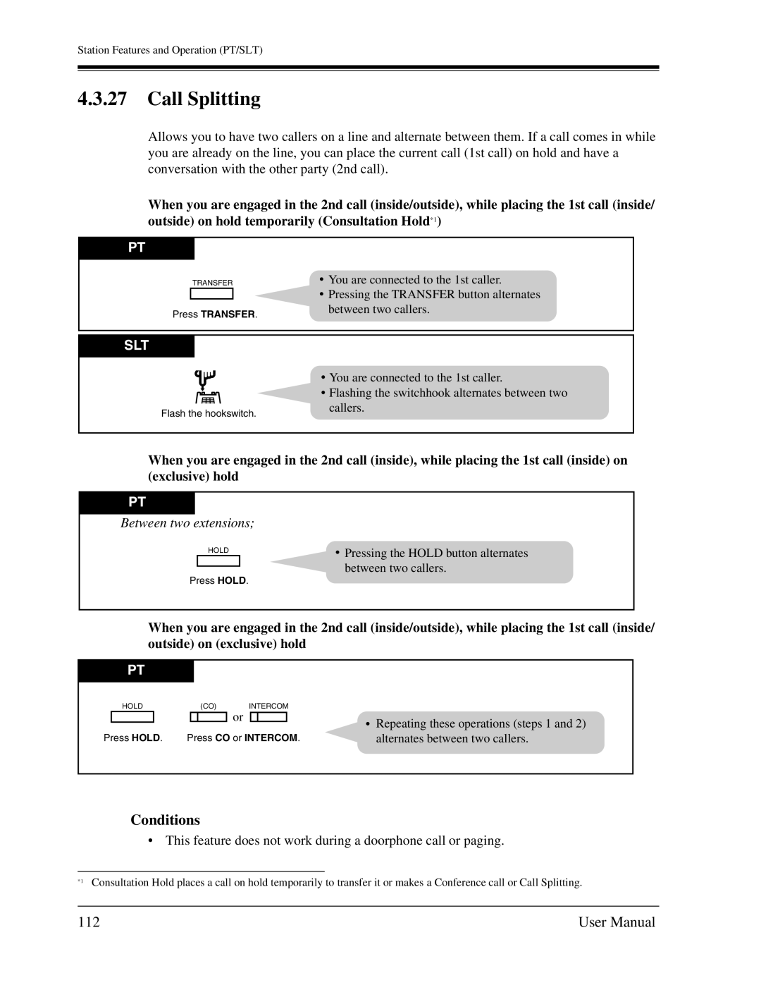 Panasonic KX-TA1232 user manual Call Splitting, 112, Between two extensions 