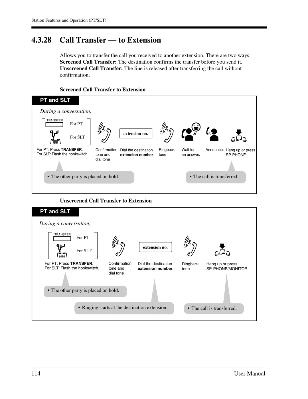 Panasonic KX-TA1232 user manual 114, Screened Call Transfer to Extension, Unscreened Call Transfer to Extension 