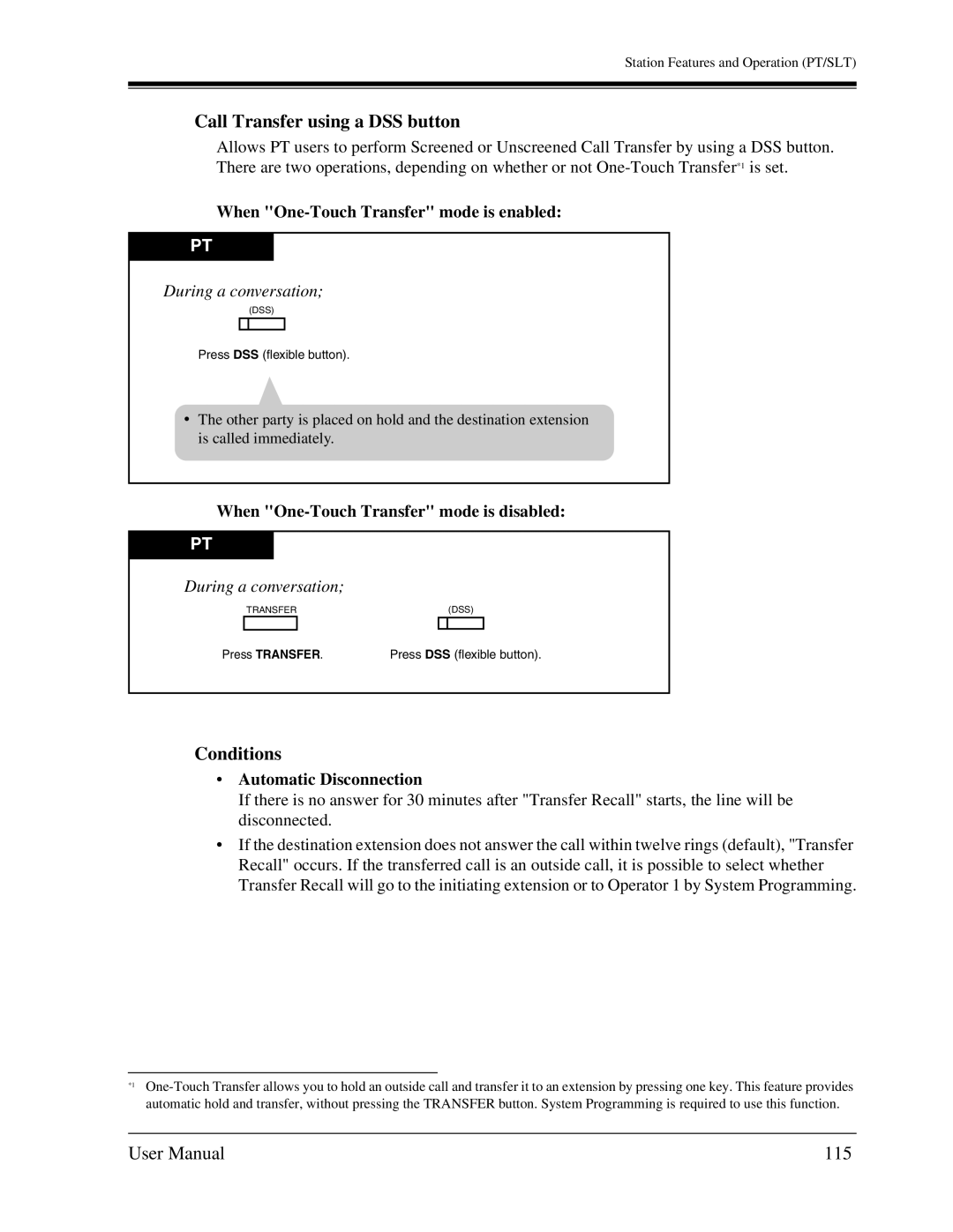 Panasonic KX-TA1232 user manual Call Transfer using a DSS button, 115, When One-Touch Transfer mode is enabled 