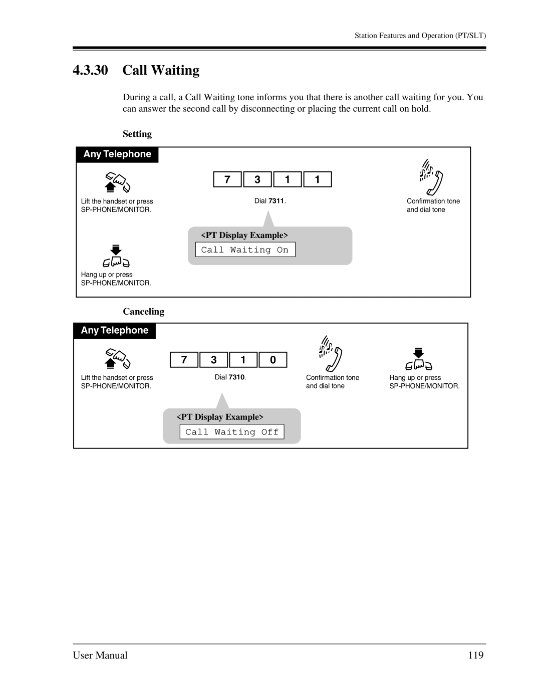 Panasonic KX-TA1232 user manual 119, Call Waiting On, Call Waiting Off 