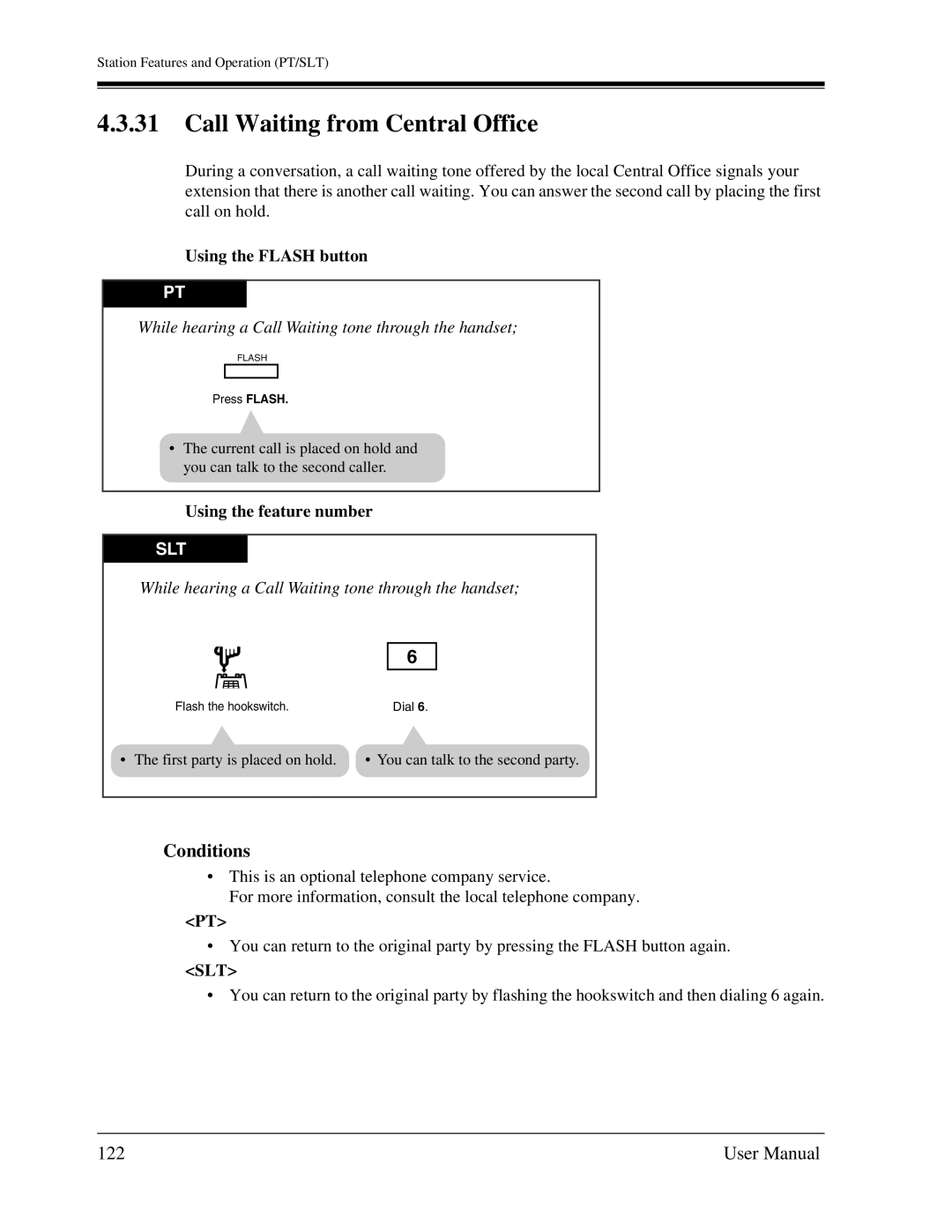 Panasonic KX-TA1232 user manual Call Waiting from Central Office, 122, Using the Flash button, Using the feature number 