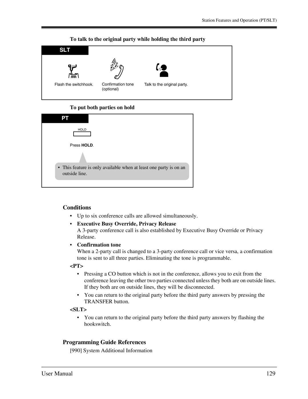 Panasonic KX-TA1232 129, To talk to the original party while holding the third party, To put both parties on hold 