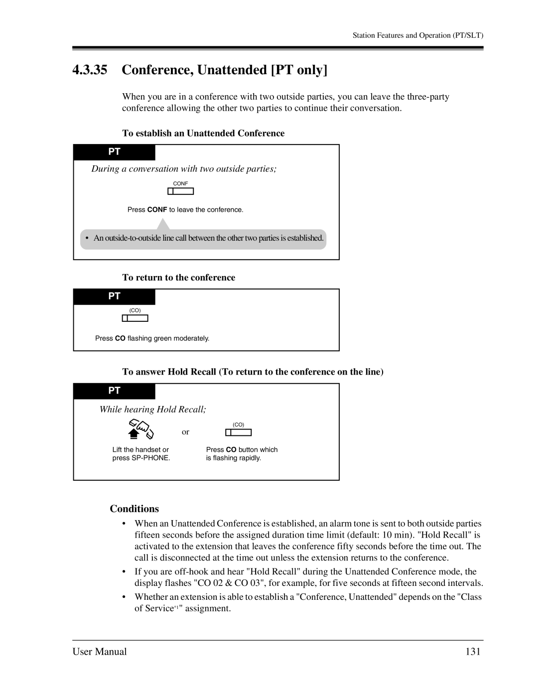 Panasonic KX-TA1232 user manual Conference, Unattended PT only, 131, To establish an Unattended Conference 