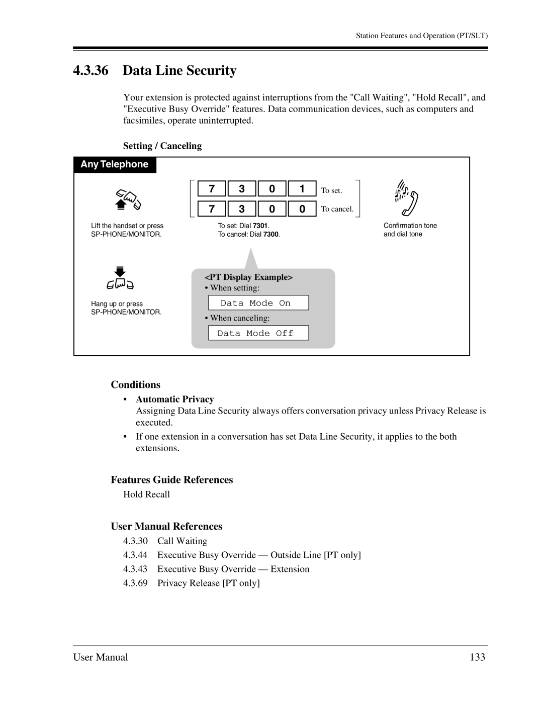 Panasonic KX-TA1232 user manual Data Line Security, 133, Data Mode On, Data Mode Off, Automatic Privacy 