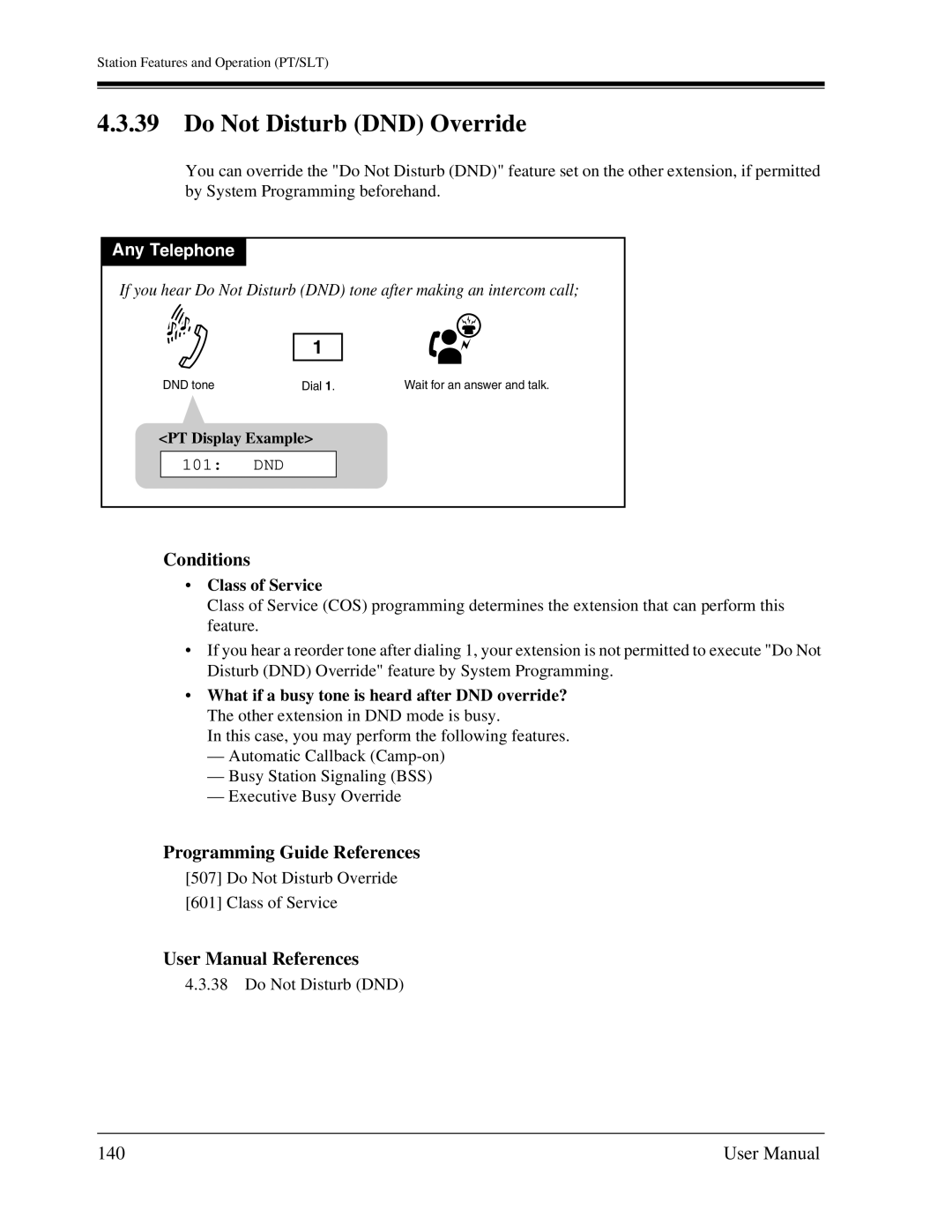 Panasonic KX-TA1232 user manual Do Not Disturb DND Override, 140, 101 DND 