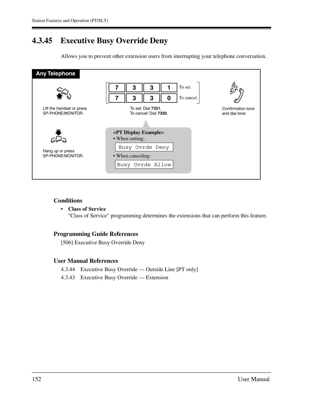 Panasonic KX-TA1232 user manual Executive Busy Override Deny, 152, Busy Ovrde Deny, Busy Ovrde Allow 