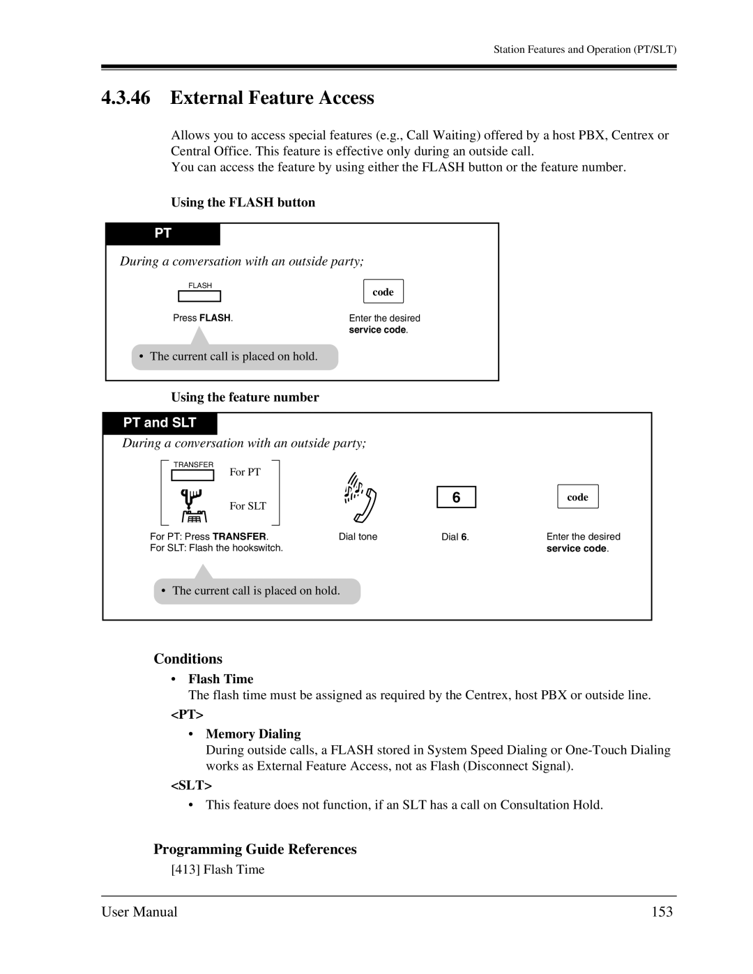 Panasonic KX-TA1232 user manual External Feature Access, 153, During a conversation with an outside party, Flash Time, Code 