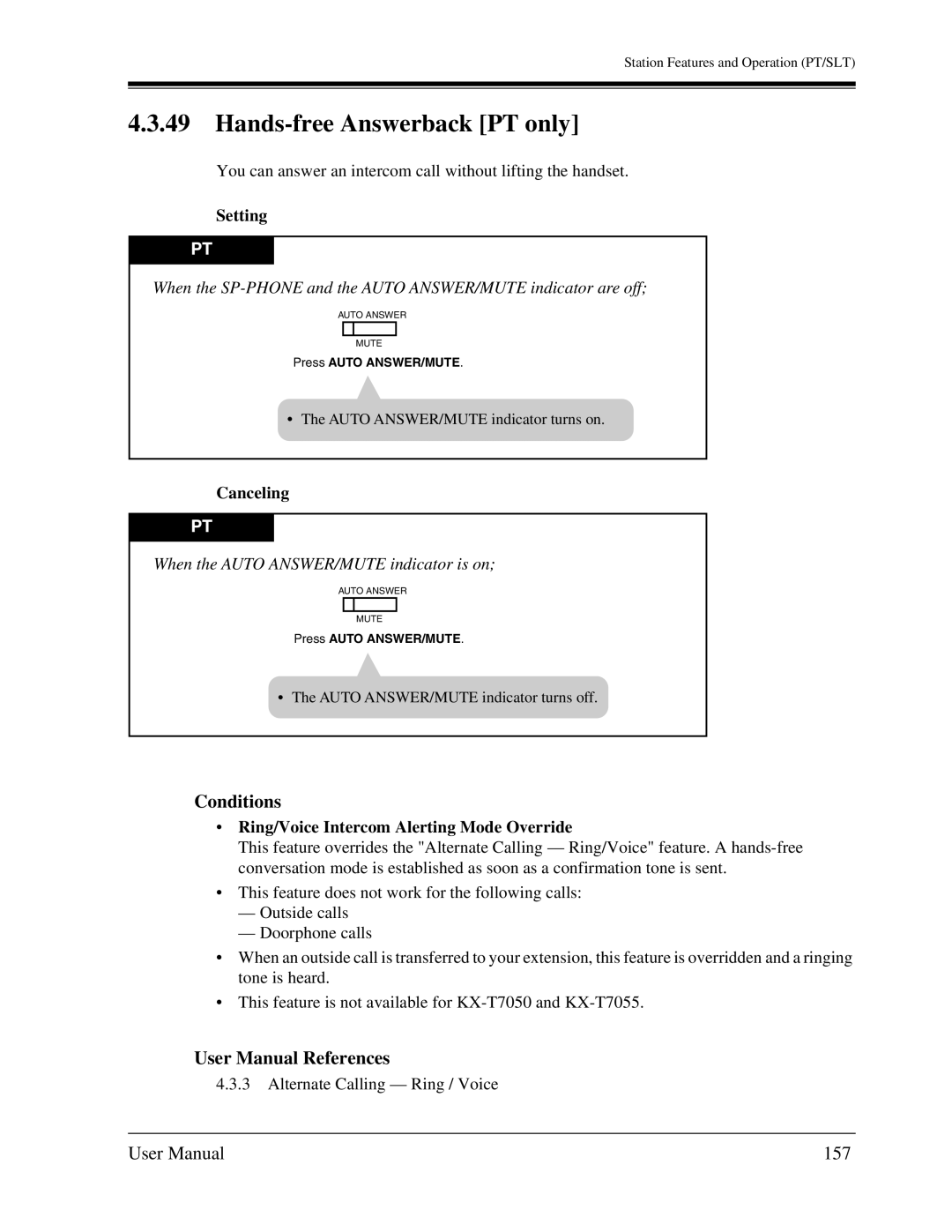 Panasonic KX-TA1232 user manual Hands-free Answerback PT only, 157, When the Auto ANSWER/MUTE indicator is on 