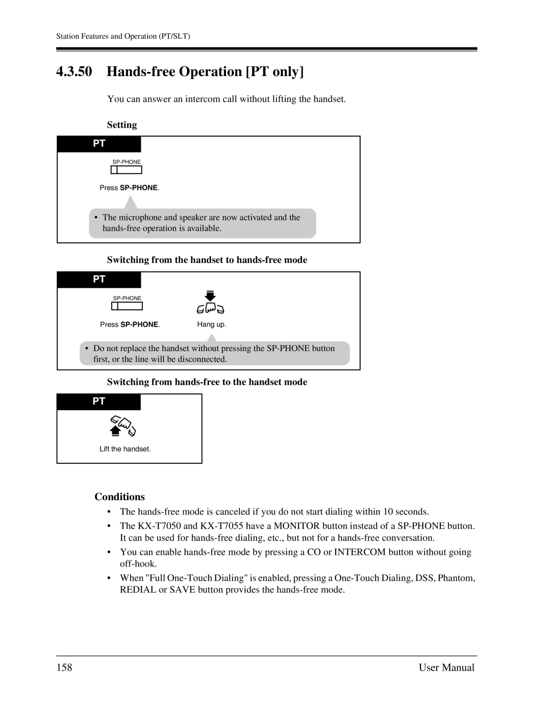 Panasonic KX-TA1232 user manual Hands-free Operation PT only, 158, Switching from the handset to hands-free mode 