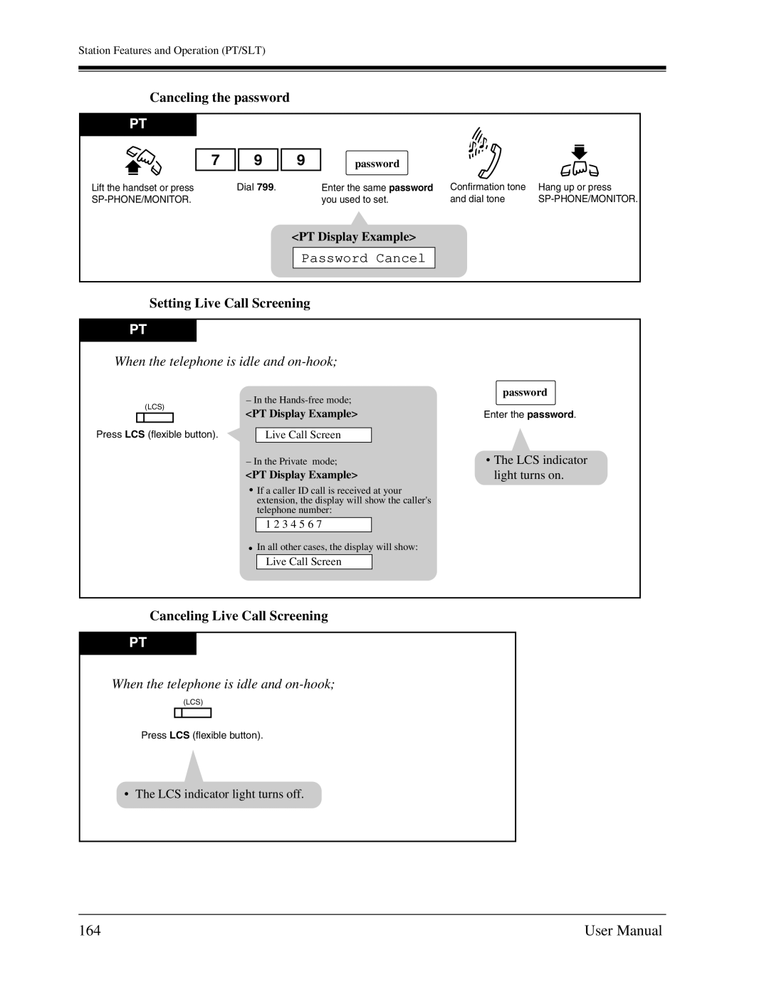 Panasonic KX-TA1232 164, Canceling the password, Setting Live Call Screening, When the telephone is idle and on-hook 