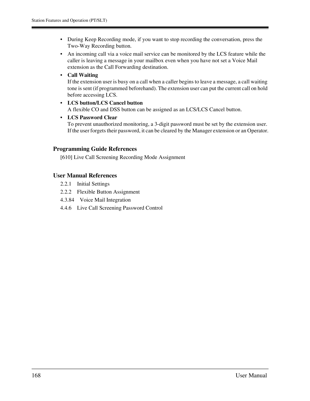 Panasonic KX-TA1232 user manual 168, Call Waiting, LCS button/LCS Cancel button, LCS Password Clear 