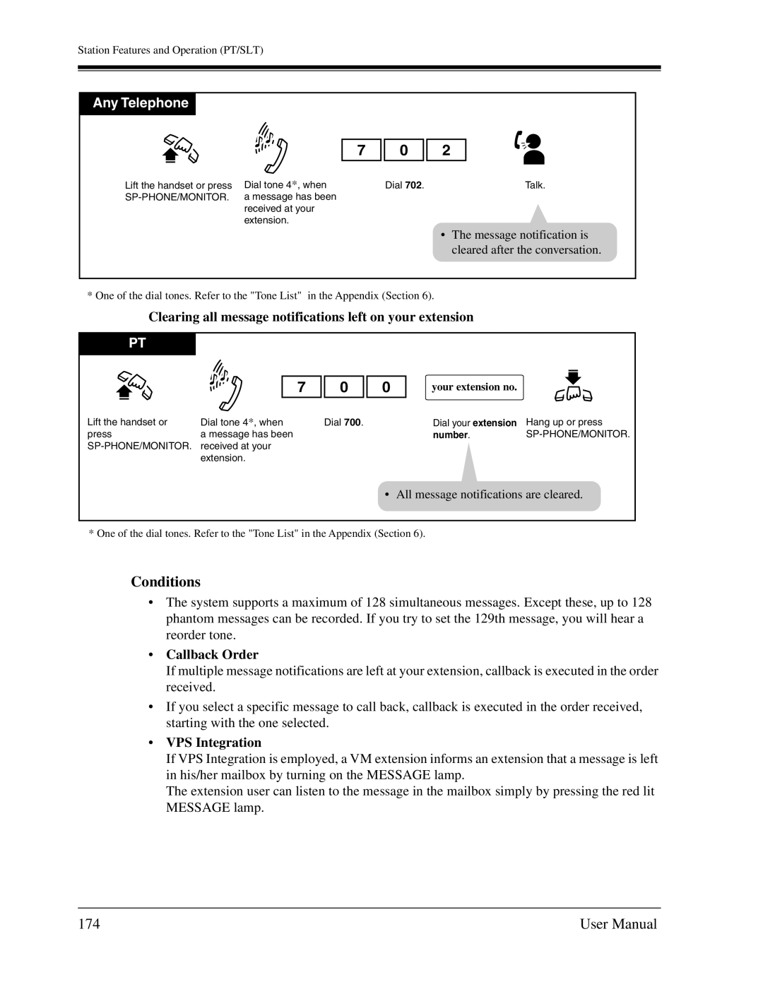 Panasonic KX-TA1232 174, Clearing all message notifications left on your extension, Callback Order, VPS Integration 