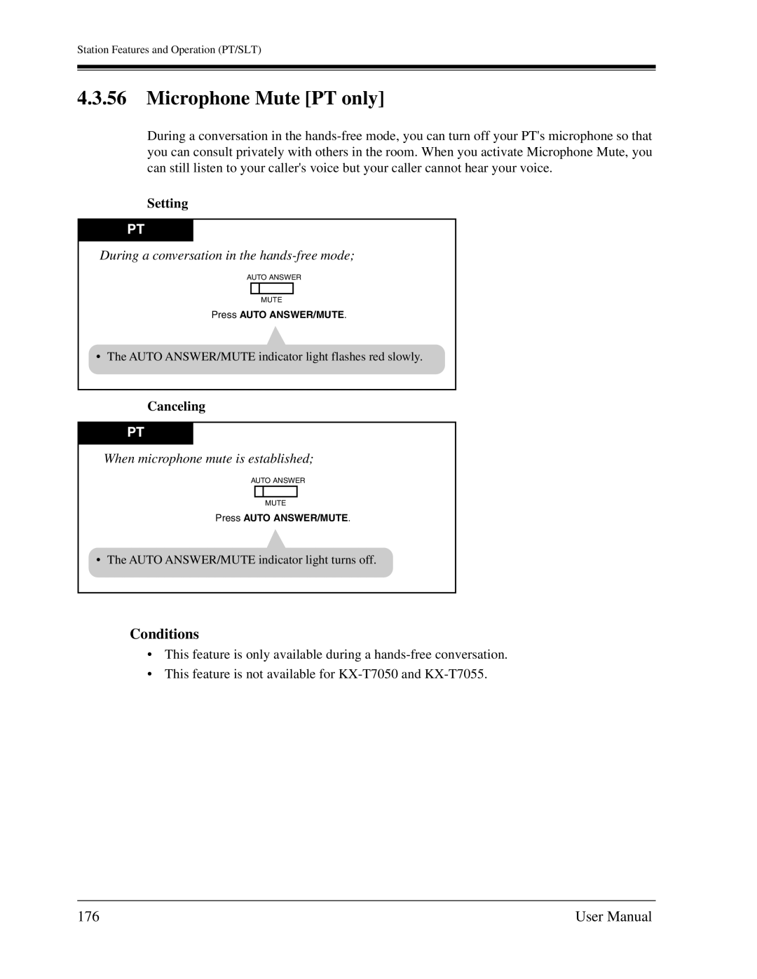 Panasonic KX-TA1232 user manual Microphone Mute PT only, 176, During a conversation in the hands-free mode 