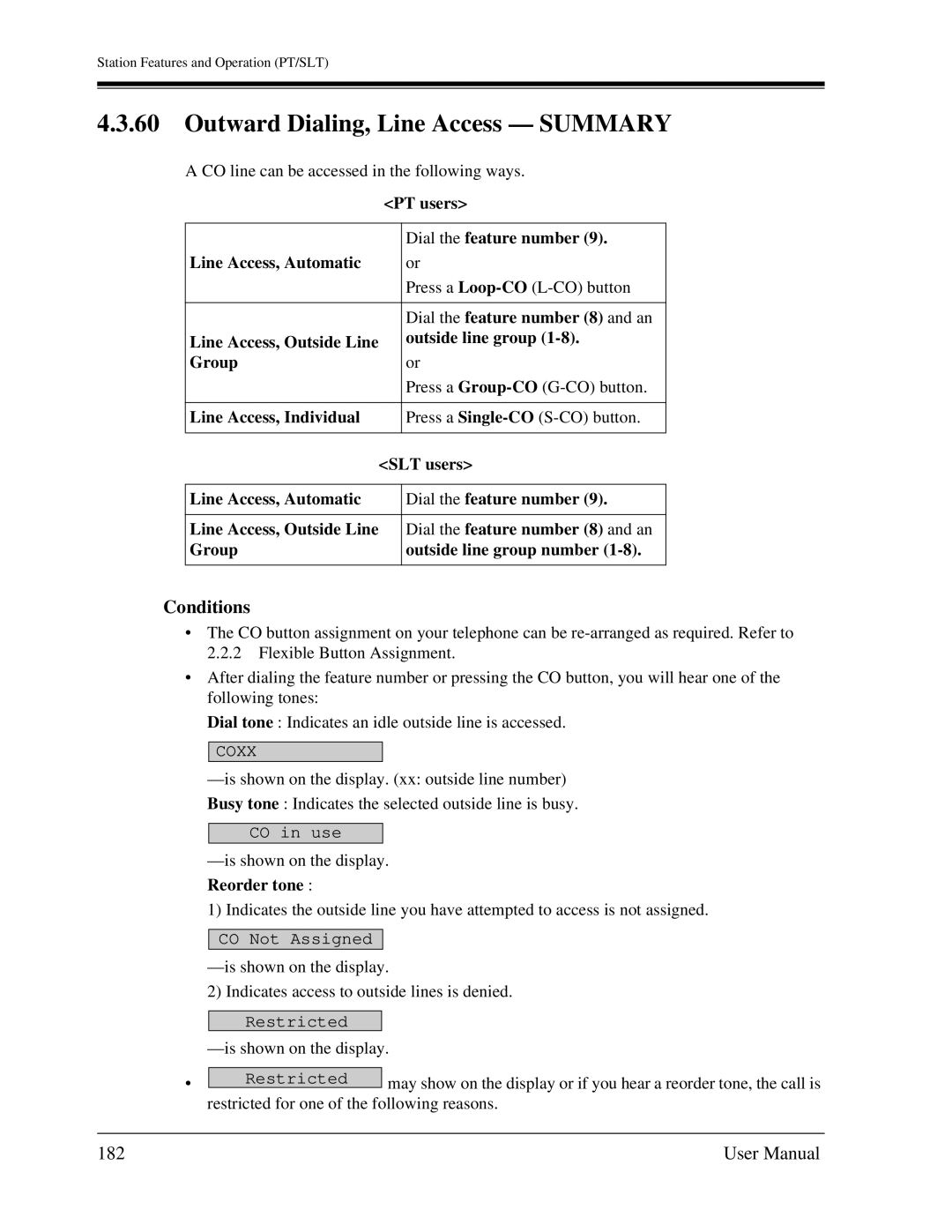 Panasonic KX-TA1232 user manual Outward Dialing, Line Access Summary, 182 