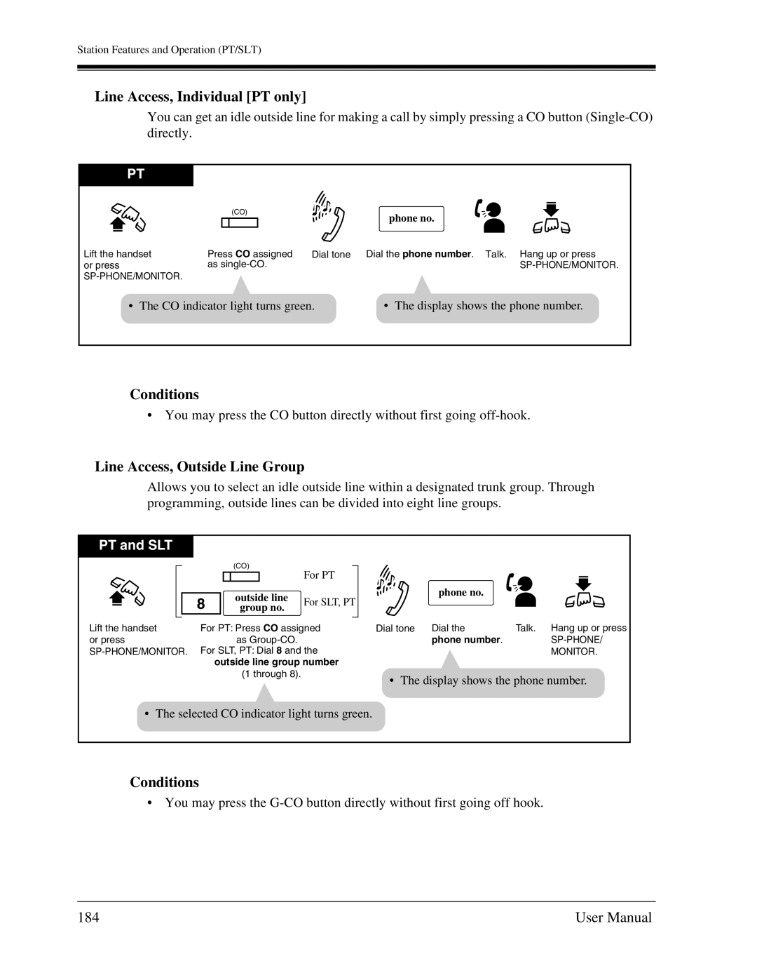 Panasonic KX-TA1232 user manual Line Access, Individual PT only, Line Access, Outside Line Group, 184, Group no 