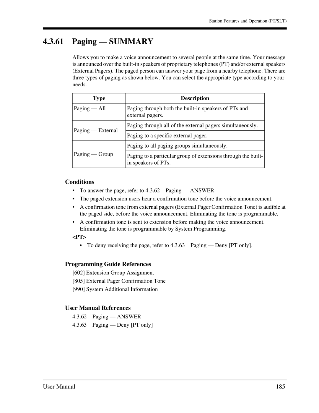 Panasonic KX-TA1232 user manual Paging Summary, 185 