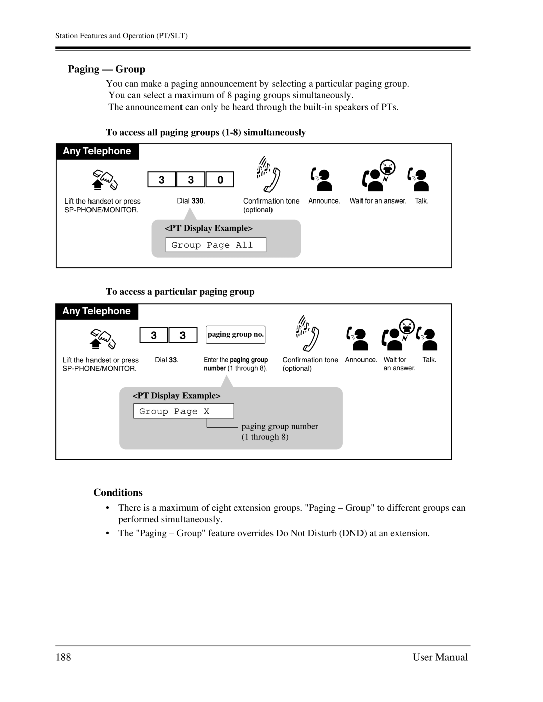 Panasonic KX-TA1232 Paging Group, 188, To access all paging groups 1-8 simultaneously, To access a particular paging group 