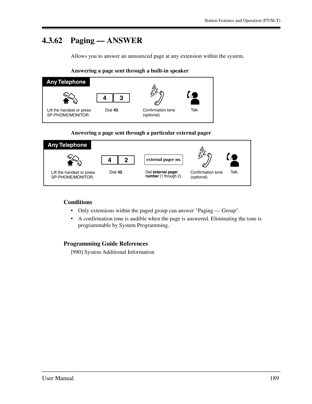 Panasonic KX-TA1232 user manual Paging Answer, 189, Answering a page sent through a built-in speaker 