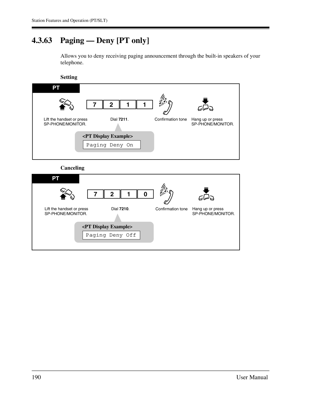 Panasonic KX-TA1232 user manual Paging Deny PT only, 190, Paging Deny On, Paging Deny Off 