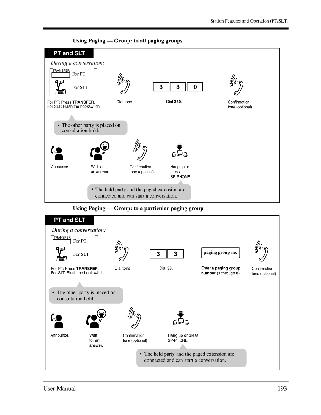 Panasonic KX-TA1232 193, Using Paging Group to all paging groups, Using Paging Group to a particular paging group 