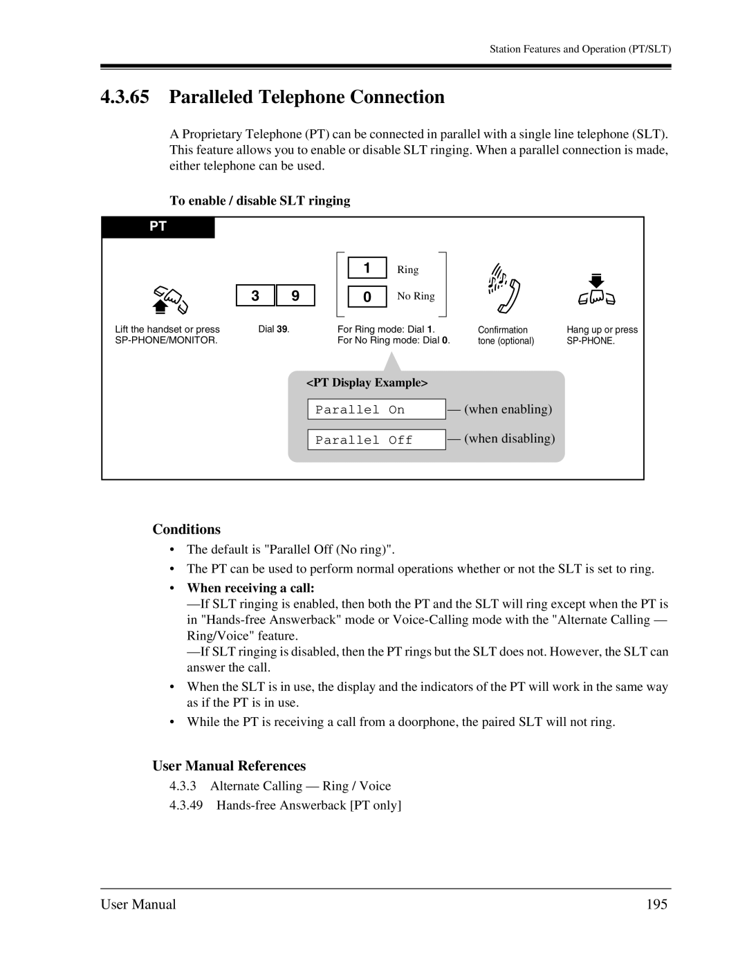 Panasonic KX-TA1232 Paralleled Telephone Connection, 195, To enable / disable SLT ringing, Parallel On Parallel Off 