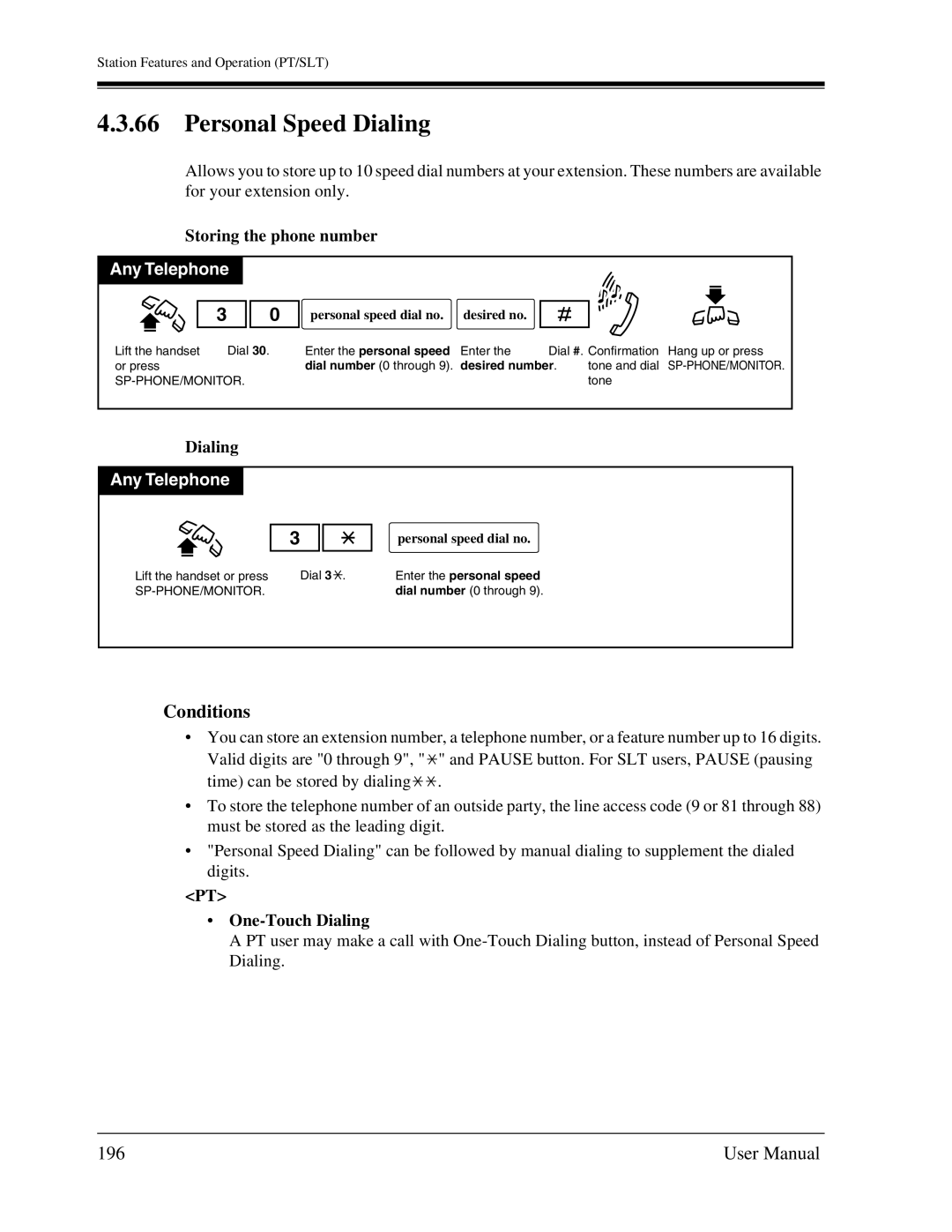 Panasonic KX-TA1232 user manual Personal Speed Dialing, 196, Storing the phone number, One-Touch Dialing 