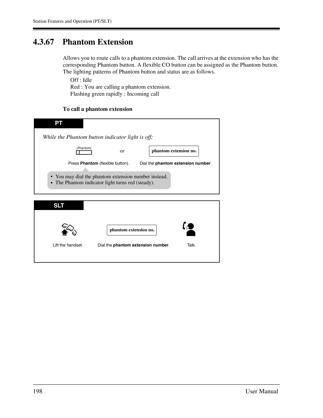 Panasonic KX-TA1232 Phantom Extension, 198, To call a phantom extension, While the Phantom button indicator light is off 