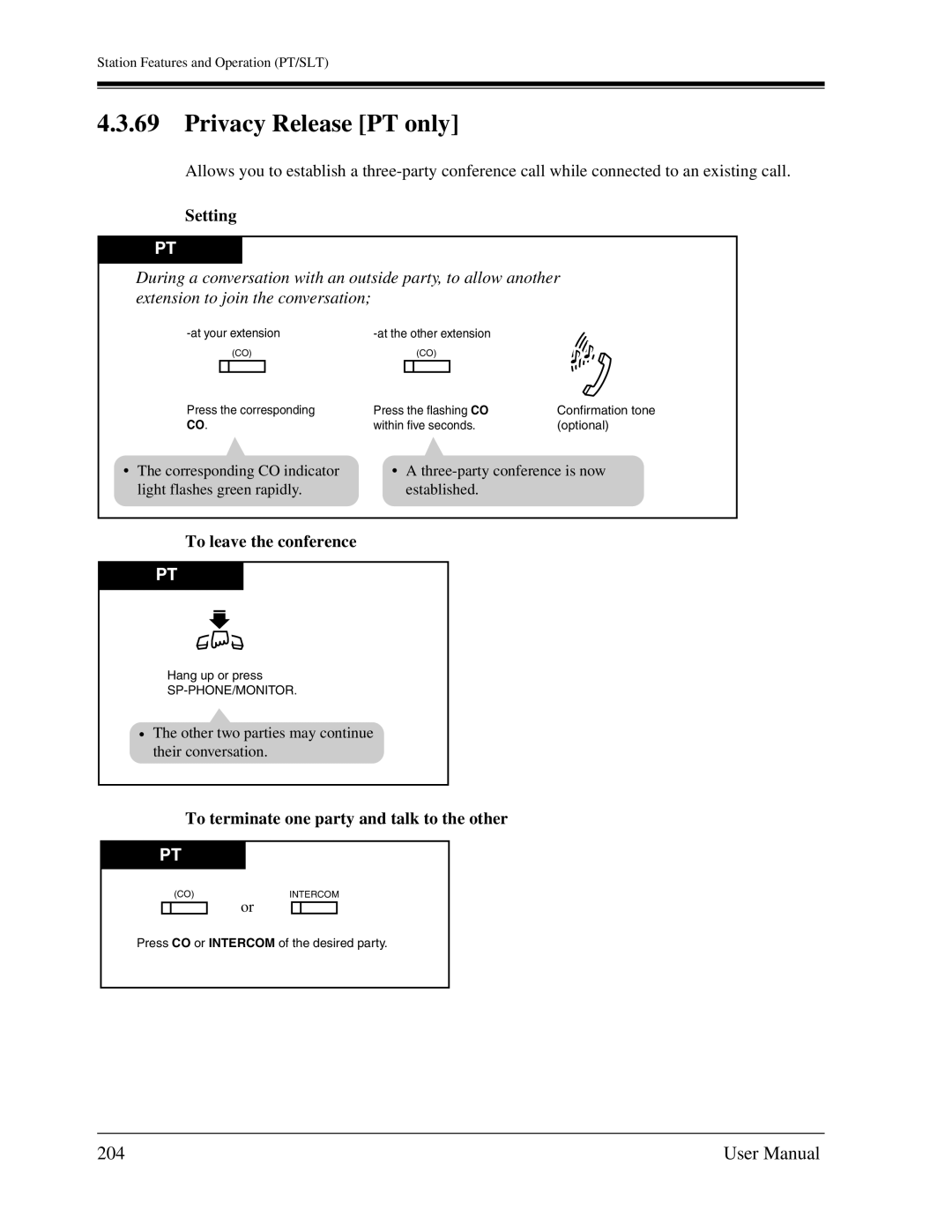 Panasonic KX-TA1232 user manual Privacy Release PT only, 204 