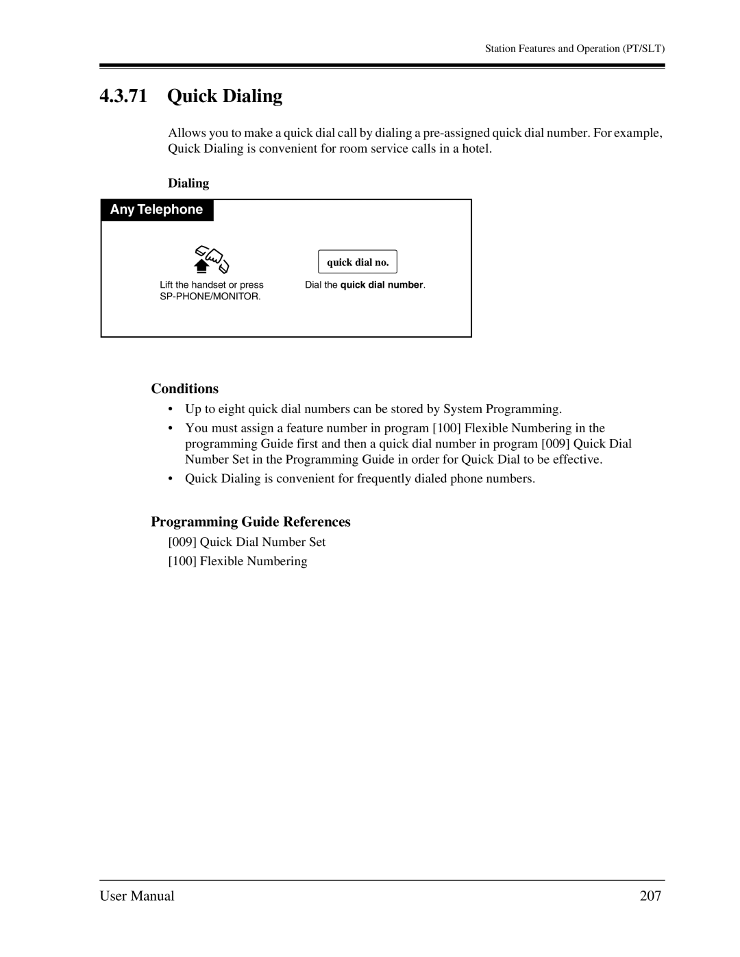 Panasonic KX-TA1232 user manual Quick Dialing, 207, Quick dial no 